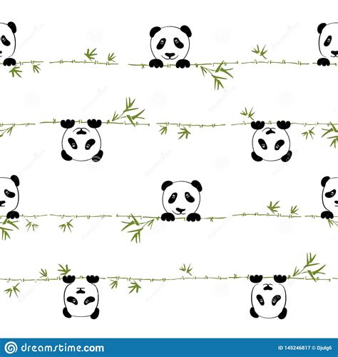 Seamless Pattern Cute Little Panda With Branch Bamboo