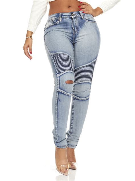Vip Jeans Cute Moto Ripped Knee Long Slim Fit Skinny Women Jeans For