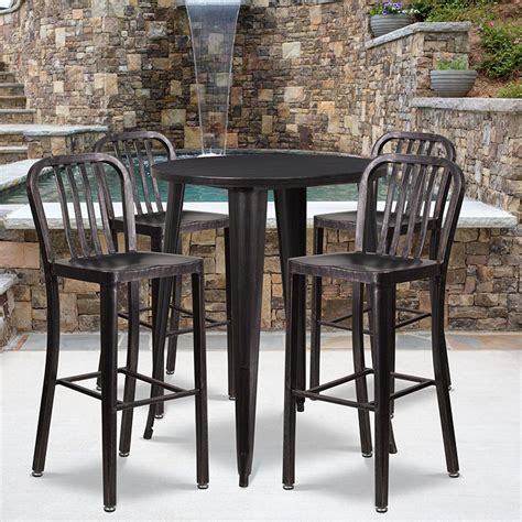 30 Round Black Antique Gold Metal Indoor Outdoor Bar Table Set With 4