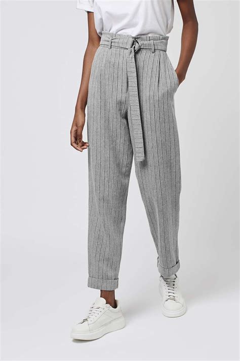 Topshop Stripe Paperbag Trousers In Gray Lyst