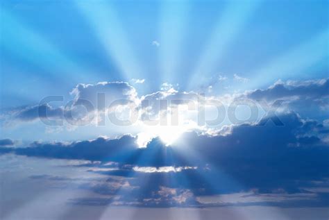Beautiful Blue Sky With Sunbeams And Clouds Sun Rays Stock Image