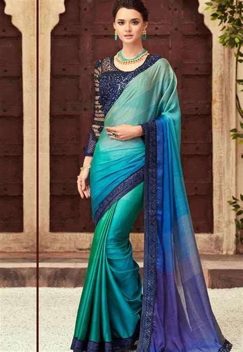 Blue And Green Satin Georgette Party Wear Saree With Border 22016