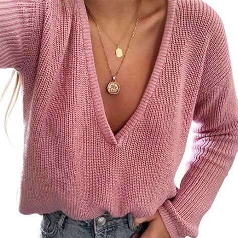 Deep V Neck Sweater Women Long Sleeve Loose Sweaters And Pullovers
