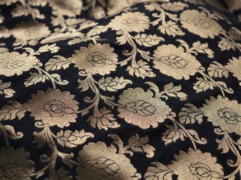 Black And Gold Silk Brocade Fabric By Yard Motifs Weaving Indian