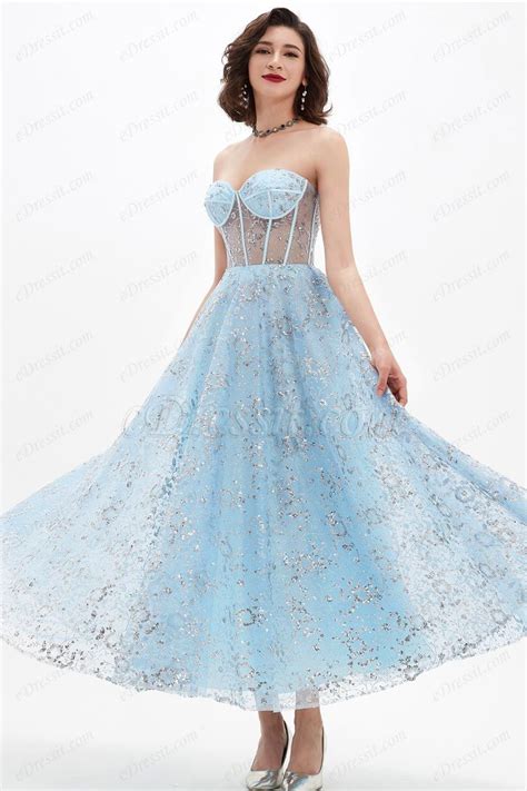 Shiny Blue Corset Polyester Bone Tulle Party Ball Dress 04210232