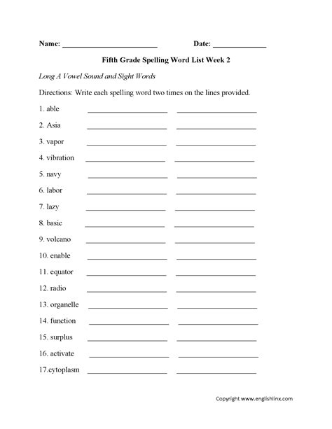 Week 2 Long A Vowel And Sight Words Fifth Grade Spelling Words