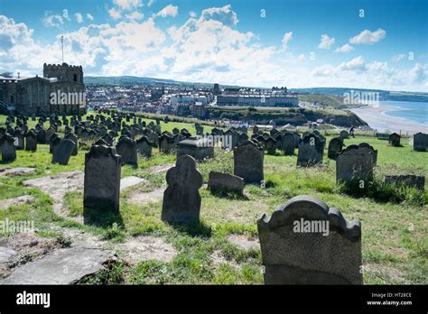 Tombstones In Whitby Abbey Graveyard North Yorkshire In The Summertime