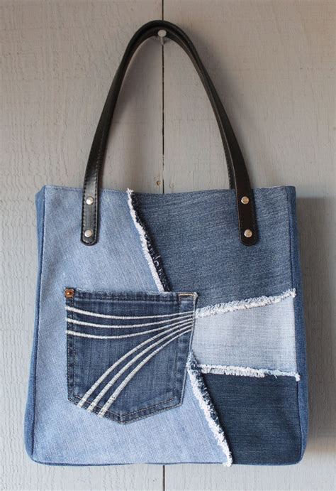 Denim Frayed Patch Slouchy Tote With Outside Pocket Leather Straps