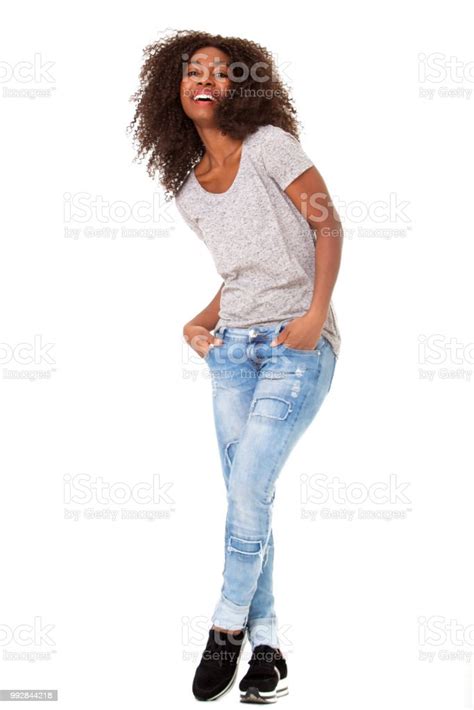 Full Body Fashionable Young African American Woman Posing On White