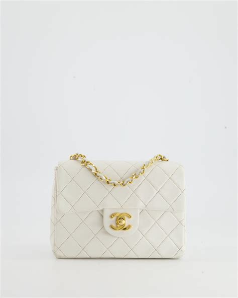 Chanel Vintage White Mini Square Bag In Lambskin Leather With 24k Gold