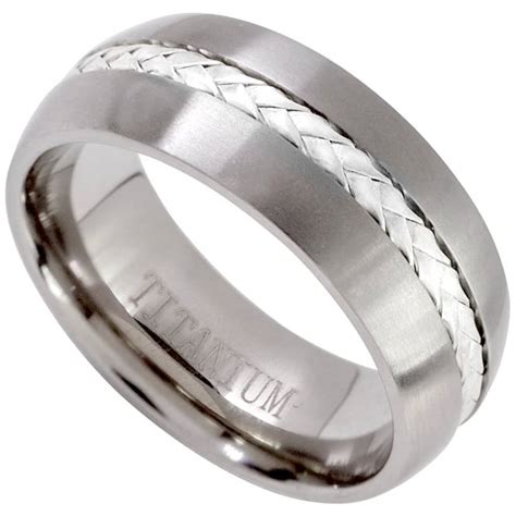 Silver Inlay Titanium Wedding Band Ring