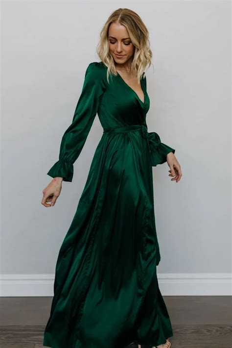 Holly Dark Green Satin Maxi Dress Long Sleeve Bridesmaid Dress Green