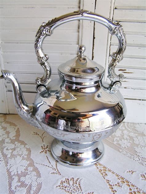 Vintage Chrome Fancy Tea Pot Teapot Tea Party Flowers Floral