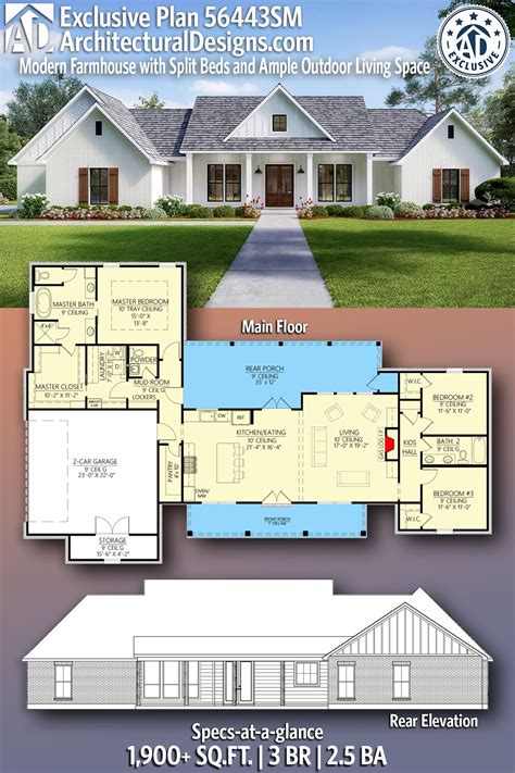Plan 56443sm Exclusive Modern Farmhouse With Split Beds And Ample
