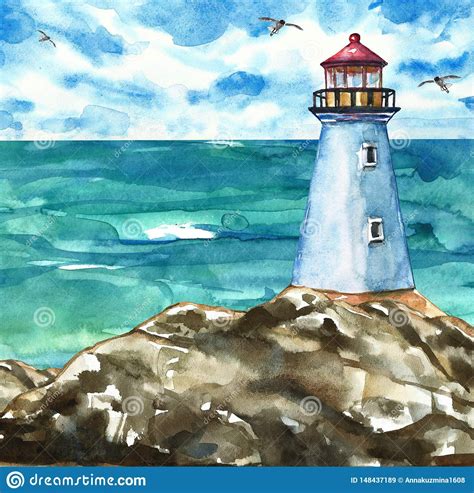 Summer Marine Artwork With Lighthouse On Rocks And Sea View Watercolor