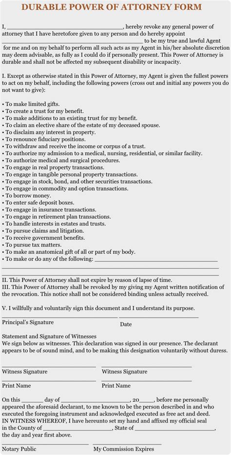 Printable Free Durable Power Of Attorney Form Printable Forms Free Online
