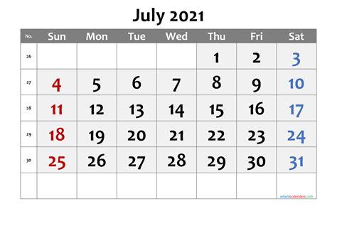 Free Printable 2021 July Calendar