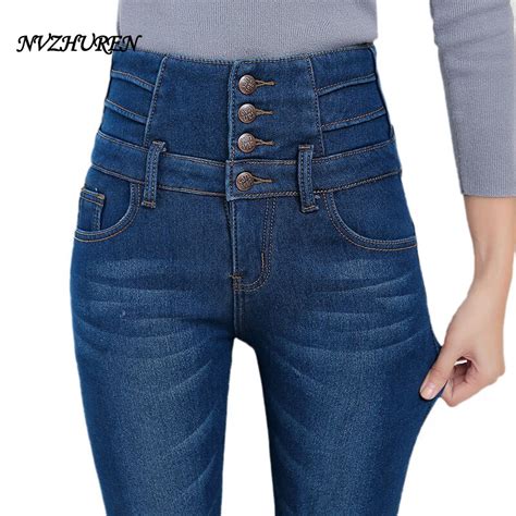 Nvzhuren Womens Jeans New Warm Female Casual Elastic Waist Stretch Jeans Plus Size Slim Denim
