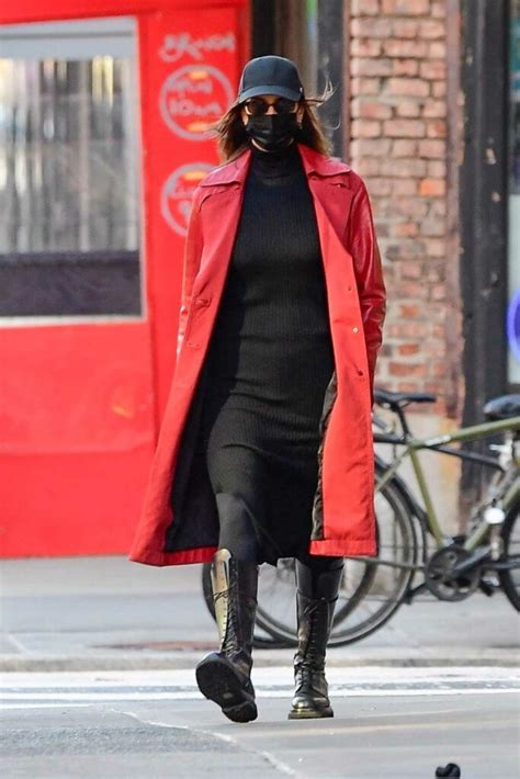 irina shayk in a red leather coat was seen out in new york 01 27 2021