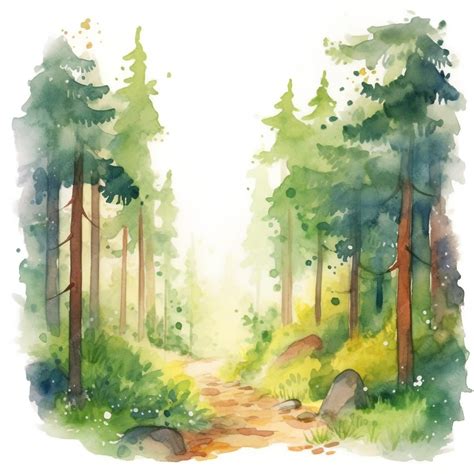 Une Peinture à Laquarelle Dun Chemin Forestier Avec Un Chemin Au