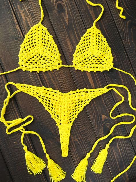 See Through Micro Bikini Yellow Crochet Thong Bikini Set In Etsy