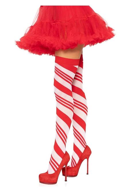 Spandex Sheer Candy Cane Striped Thigh Highs Os Redwhite Shop Velvet Box Online