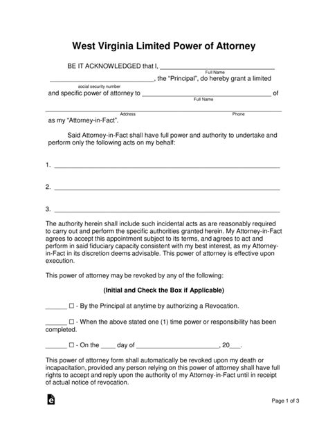 You can access the sample printable power of attorney form provided by clicking on the image. Free West Virginia Limited (Special) Power of Attorney Form - Word | PDF - eForms