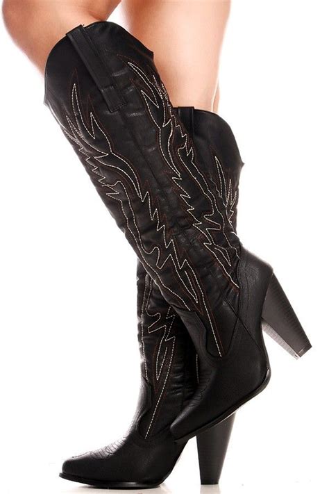 Black Faux Leather Stitched Design Chunky Heel Casual Knee High Western