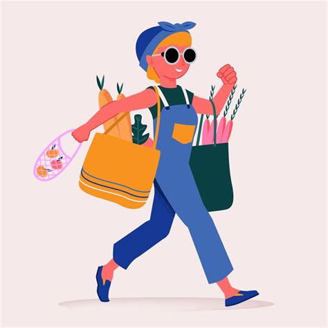 attractive woman carrying grocery paper bag full of healthy food illustration 250291 vector art
