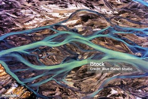Aerial Landscape Top View Of Glacier River In Highland Of Iceland