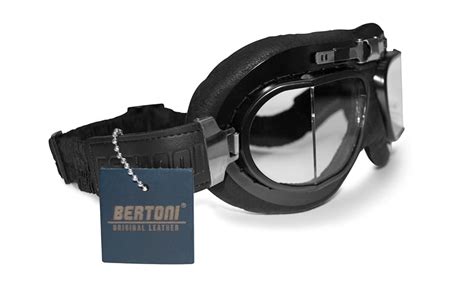 Bertoni Vintage Motorcycle Goggles Aviator Glasses In Real Calfskin Black Leather