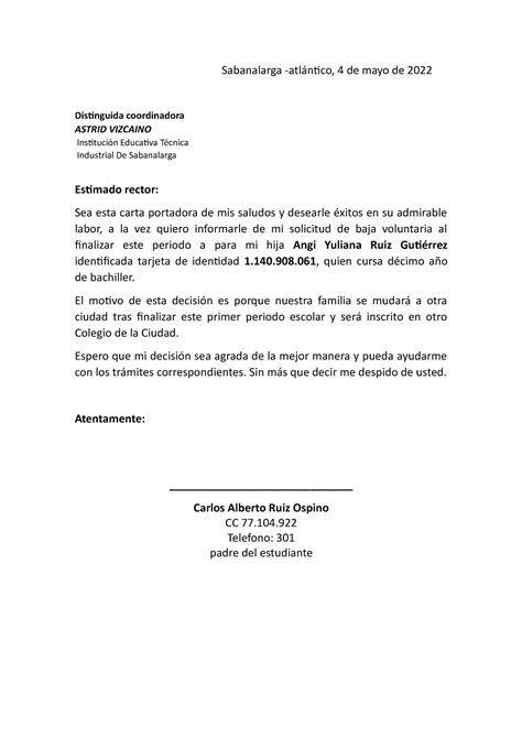 Carta De Solicitud De Baja Escolar Ejemplo Y Descargar Para Rellenar