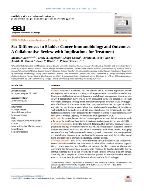 Pdf Sex Differences In Bladder Cancer Immunobiology And Outcomes A Collaborative Review With