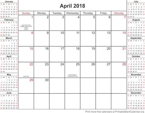 April 2018 Monthly Calendar Printable Blank