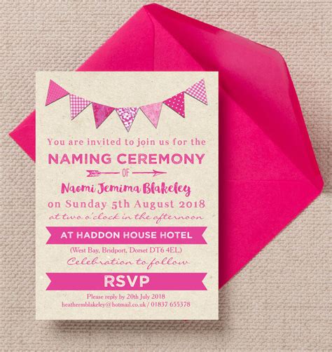 Customizable baby naming ceremony invitation template gender neutral printable dusty blue greenery watercolors non religious templett, baby naming ceremony invitation cards hindu templates otk1nzm. Pink Bunting Naming Ceremony Day Invitation from £0.80 each