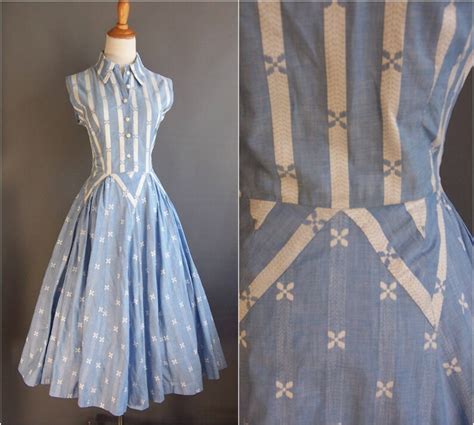 1950s Chambray Dress With Triangle Skirt Panels 50s Dress Etsy