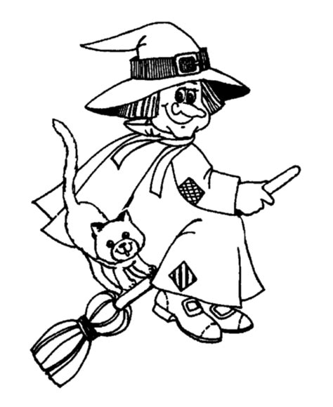 Happy Halloween Black Cat And Witch On A Broom Flying Coloring Page For