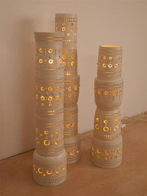 Iconic Georges Pelletier Set Of 3 Totem Floor Lamps In Enameled Ceramic