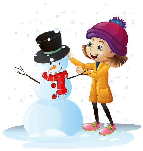 Girl Playing In Snow With Snowman 373328 Vector Art At Vecteezy