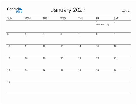 Printable January 2027 Monthly Calendar With Holidays For France