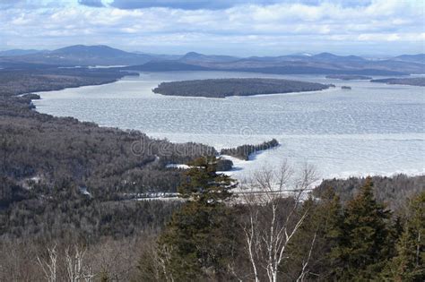 Mooselookmeguntic Lake Covered In Winter Ice Rangeley Maine Stock