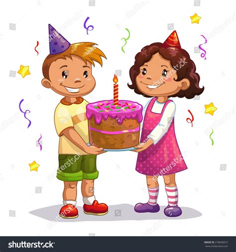 Little Cartoon Kids With Big Birthday Cake Isolated Vector 276830915