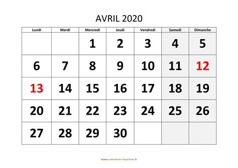 Calendrier Avril 2020 à Imprimer