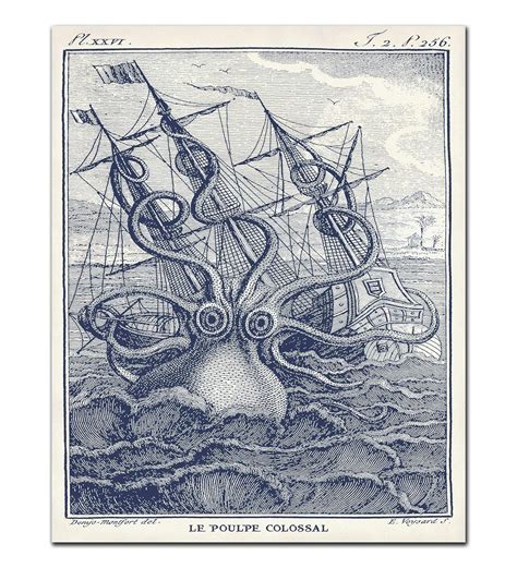 Octopus Print In Marine Blue Vintage Kraken Attacking A