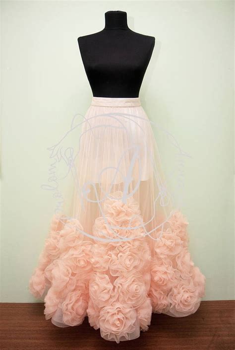 Tulle Skirt Blush Sheer Skirt 3d Rose Floral Maxi Skirt Flower Applique