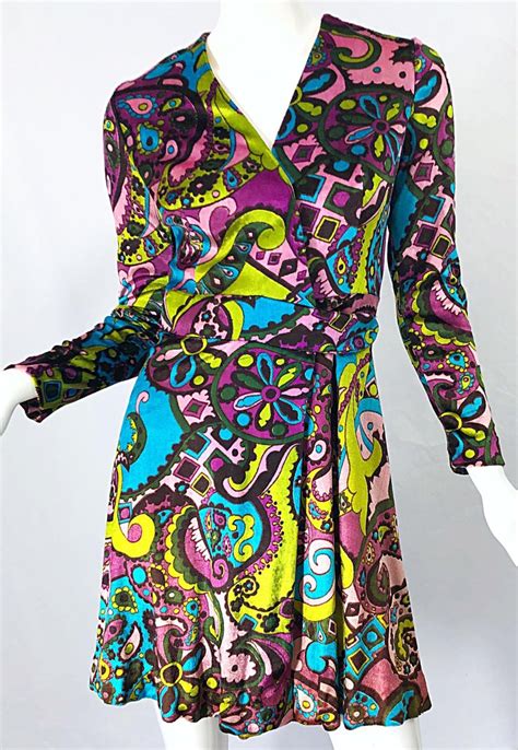 1970s psychedelic paisley print colorful velour vintage 70s wrap dress for sale at 1stdibs