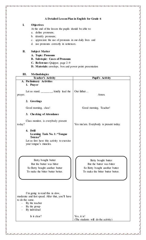 Detailed Lesson Plan In English For Grade 6 Cases Of Pronouns