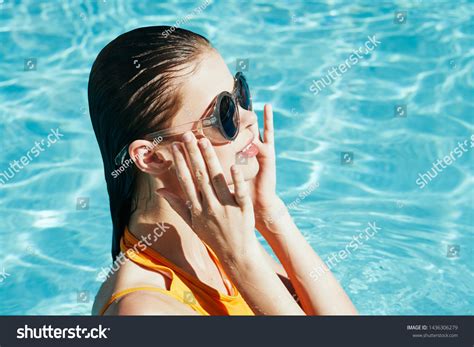 Pretty Woman Swimming Pool Yellow Swimsuit Stock Photo 1436306279