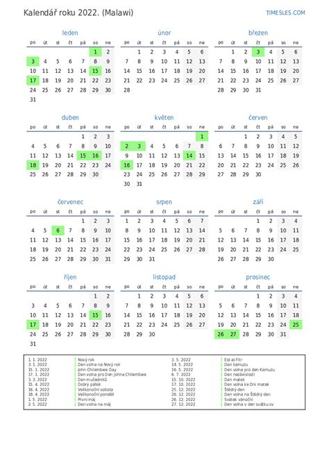 Kalendář Na Rok 2022 S Prázdninami V Malawi Tiskněte A Stahujte Kalendář