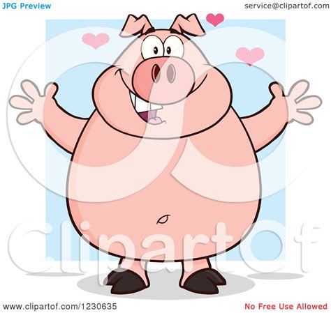 Clipart Of A Pig With Hearts And Open Arms For A Hug Royalty Free